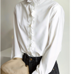 绯色自制 日本免烫高支棉 复古木耳边白色衬衫女早秋季长袖上衣