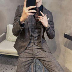 复古格子西装男套装韩版潮流修身休闲西服男新郎结婚礼服潮三件套