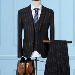 潮流韩版修身气质条纹双排扣西服套装男发型师新郎结婚西装三件套