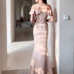 宴会晚礼服女2020新款高端大气名媛一字肩鱼尾裙 S