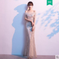 宴会晚礼服女2020新款高端大气名媛一字肩鱼尾裙 S