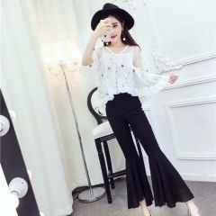 蔚缇2017夏季小花网纱+吊带+喇叭裤三件套女