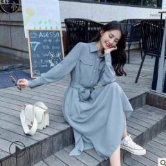 雾霾蓝连衣裙超仙秋季20法式桔梗裙衬衫裙季雪纺长裙女秋
